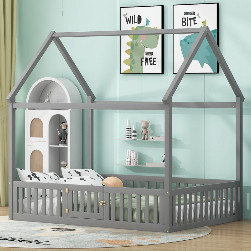 Wood House Bed With Fence And Door