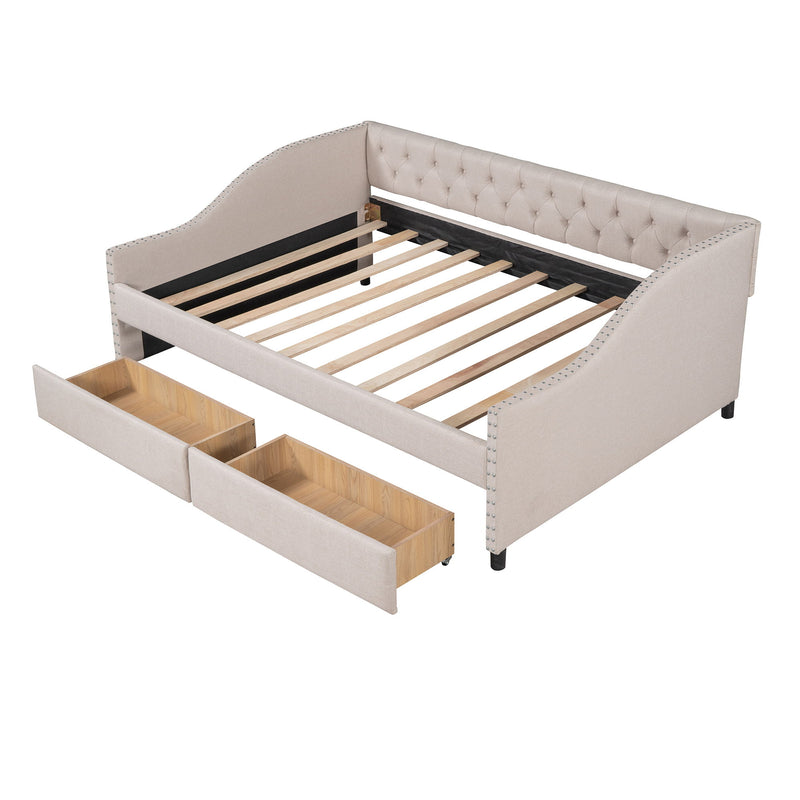 Upholstered Daybed With Two Drawers, Wood Slat Support