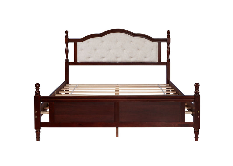Pine Wooden Bed With Upholstered Headboard And Panel Footboard, With Two Bed Rail Support Feet And Central Platform Support Feet
