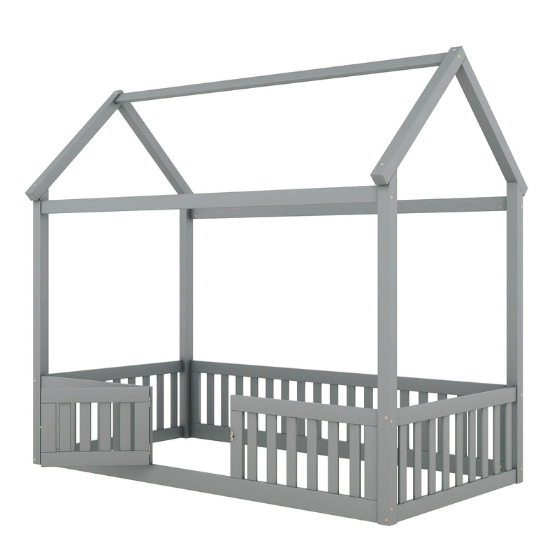 Wood House Bed With Fence And Door
