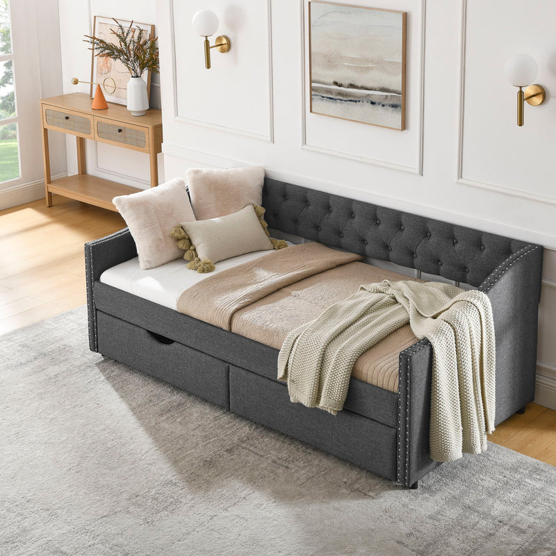 Upholstered Tufted Daybed With 2 Drawers, Waved Arms