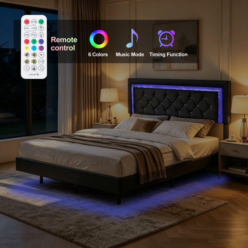 Platform Bed Frame With Adjustable Upholstered Headboard, RGB LED Lights, No Box Spring Needed