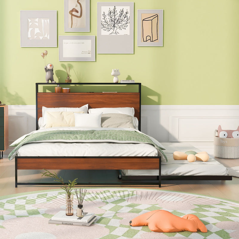 Platform Bed Frame With Trundle, USB Ports And Slat Support, No Box Spring Needed