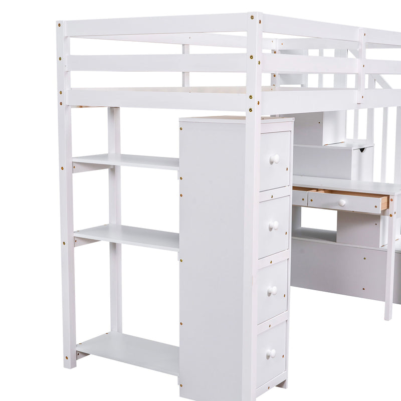 Loft Bed With Storage Drawers, Desk And Stairs With Shelves