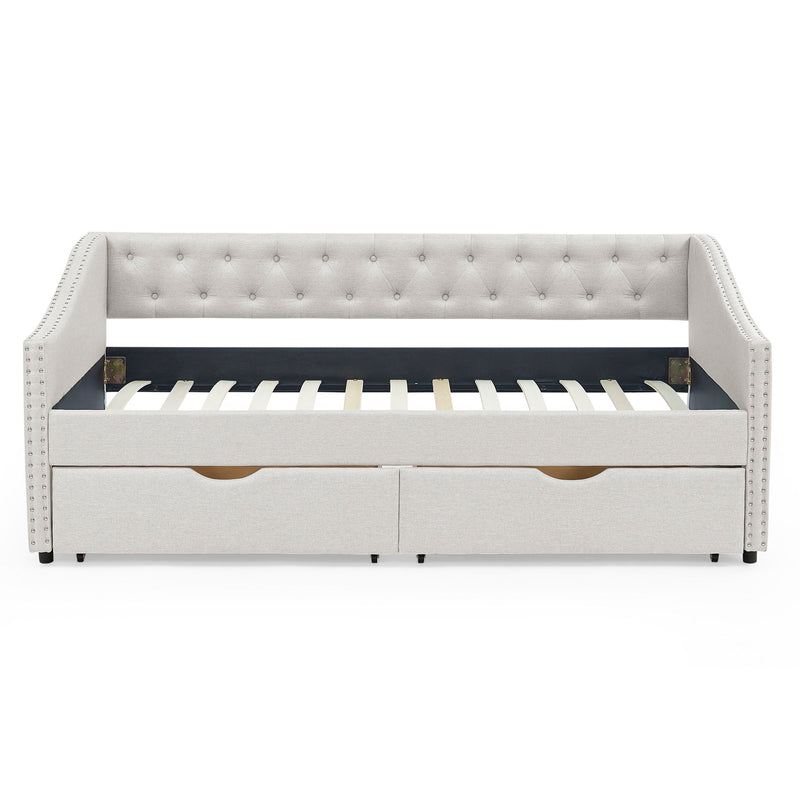 Upholstered Tufted Daybed With 2 Drawers, Waved Arms
