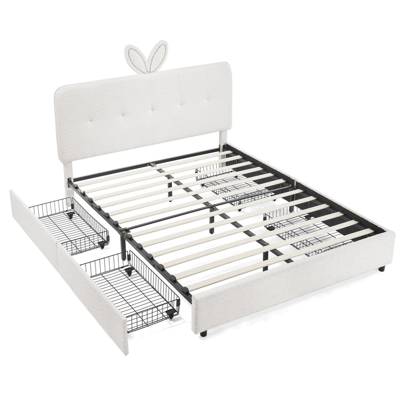 Upholstered Bed With Oversized Rabbit Ear Headboard, LED Lights & 4 Storage Drawers