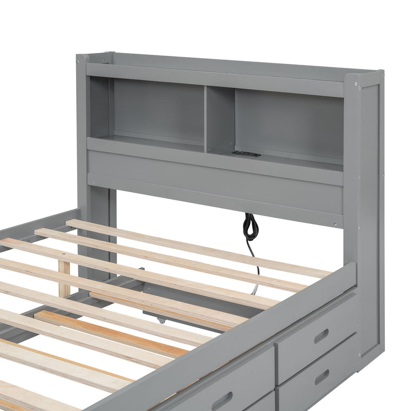 Platform Bed With Trundle, Drawers, USB Ports And Built In Shelves