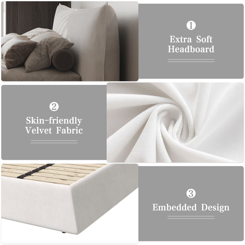 King Size Platform Bed With Special-Shaped Headboard - Cream