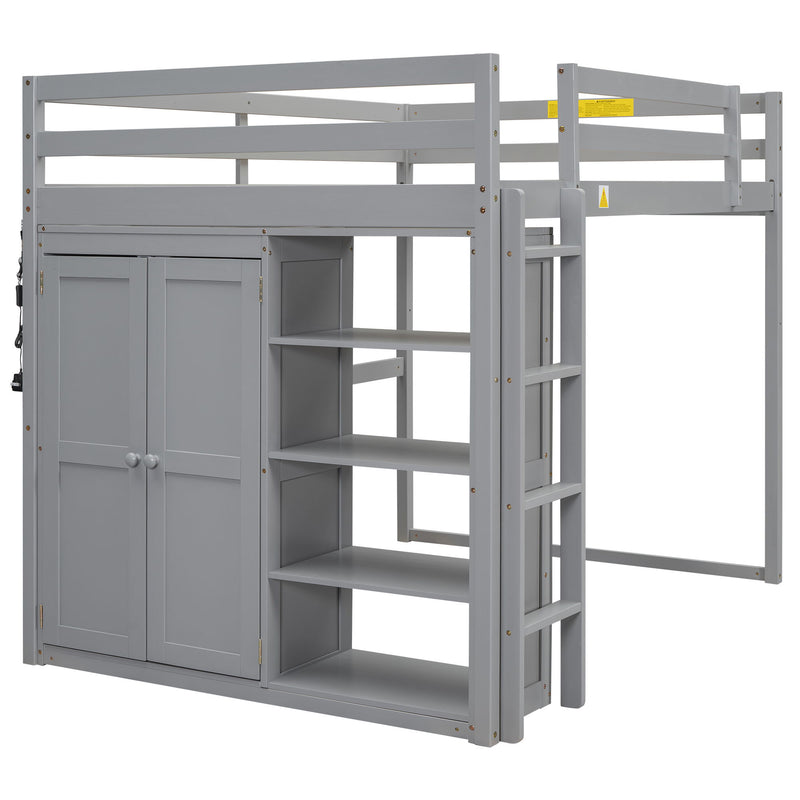 Loft Bed With Built In Wardrobe, Storage Shelves, And LED Light