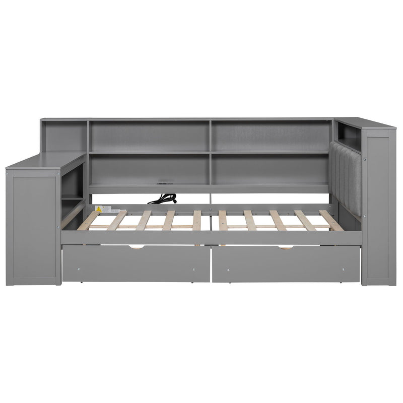 Platform Bed With Storage Shelves, Drawers, Charging Station, LED, Desk