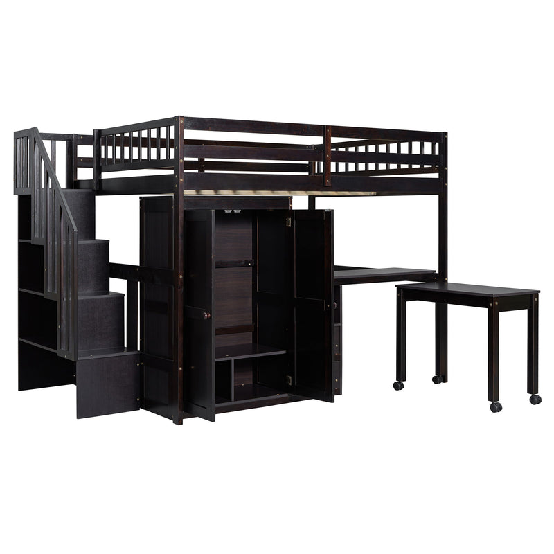 Full Size Loft Bed With Stairs, Bookshelf, Drawers, Desk & Wardrobe, Space Saving Multifunctional Furniture - Espresso