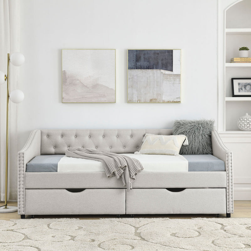 Upholstered Tufted Daybed With 2 Drawers, Waved Arms