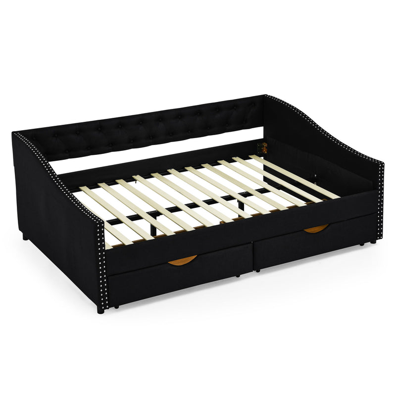 Upholstered Tufted Daybed With 2 Drawers, Waved Arms