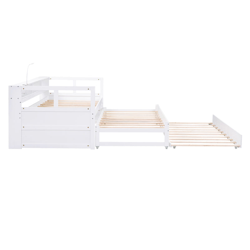 Daybed With 2 Trundles, 3 Storage Cubbies, Built In USB Charging Light