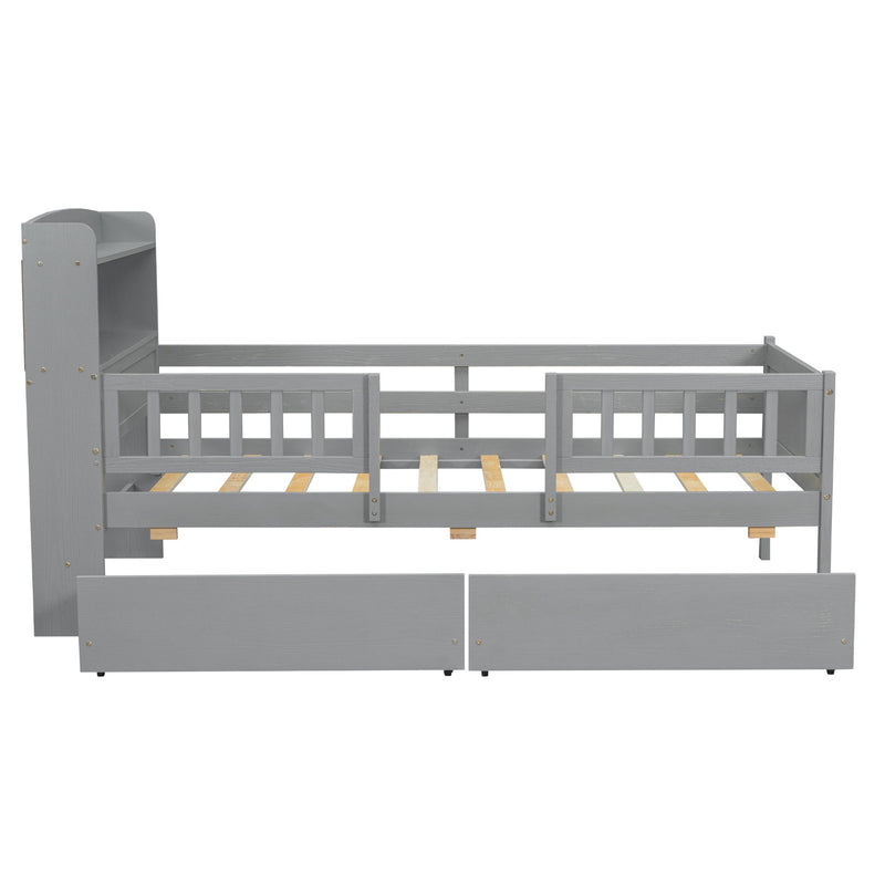 Platform Bed With LED Light, Multi Functional Headboard, Guardrail And 2 Drawers
