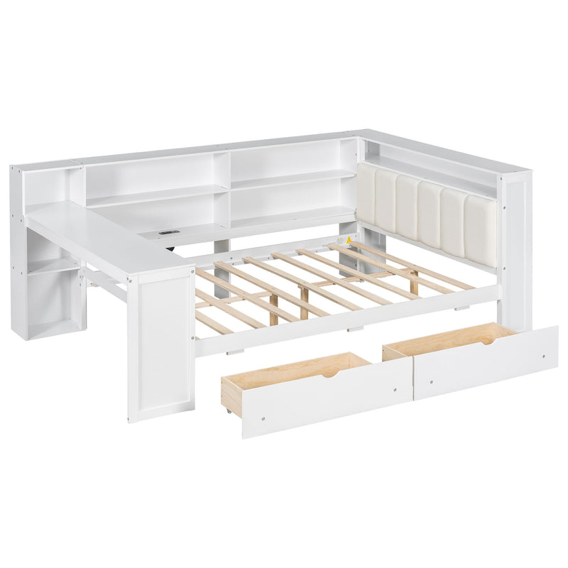 Platform Bed With Storage Shelves, Drawers, Charging Station, LED, Desk