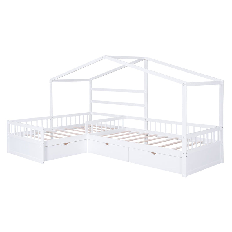 L Shape Platform Bed With 3 Storage Drawers