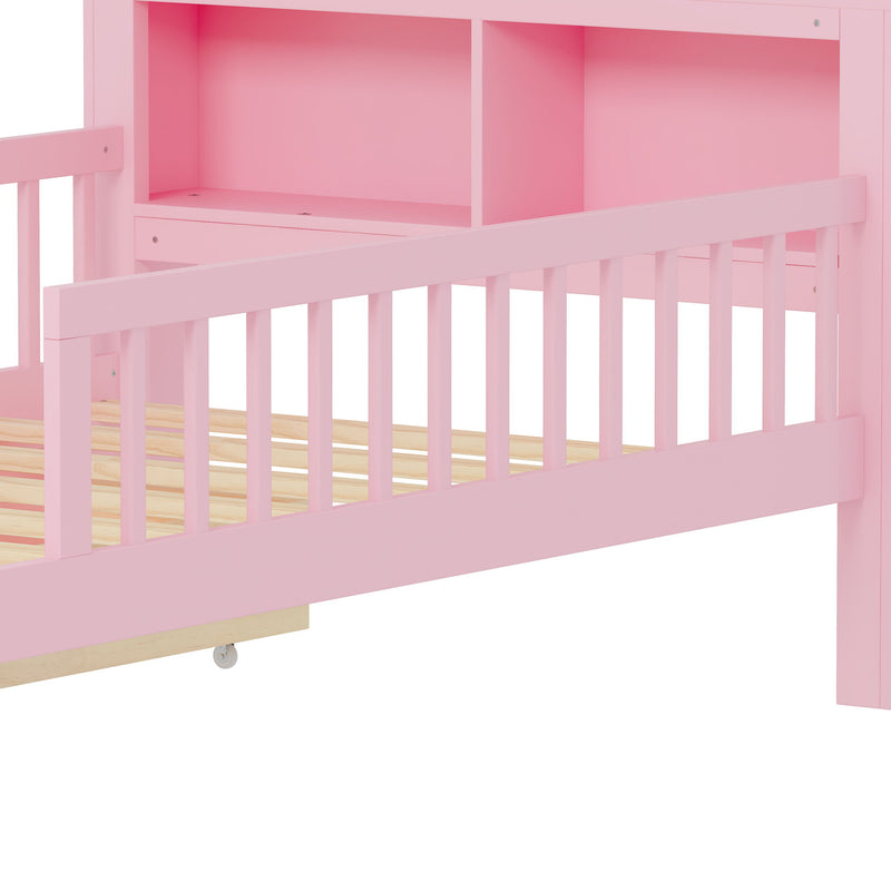 Bed With Headboard Storage Rack, 2 Under Bed Drawers, 3 Side Guardrails For Safety