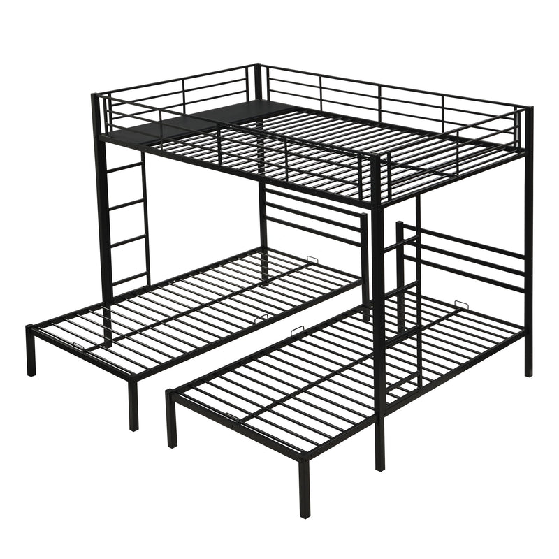 Modern Metal Triple Bunk Bed With Vertical Ladder, Safety Rail, And Storage Shelf - Black