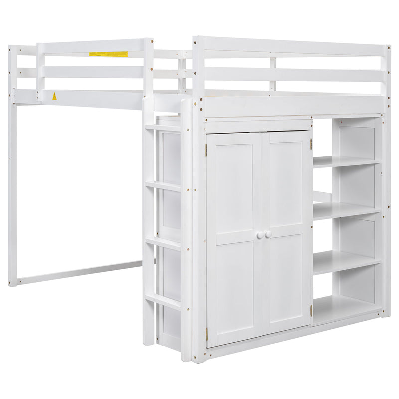 Loft Bed With Built In Wardrobe, Storage Shelves, And LED Light