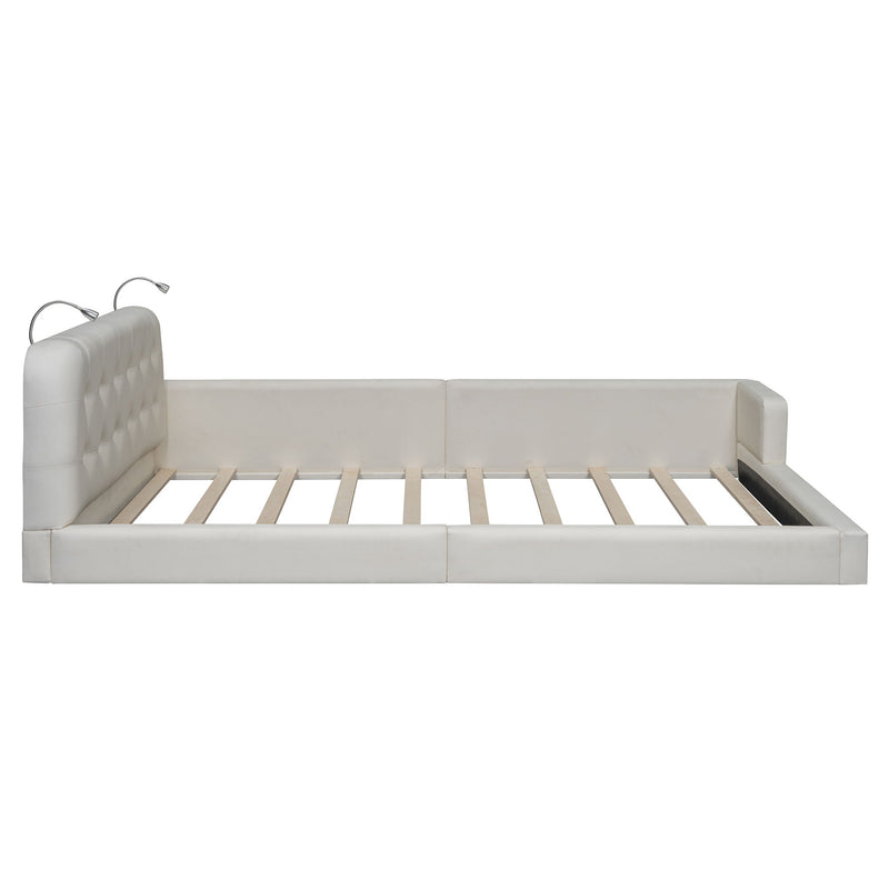 Queen Size Upholstered Platform Bed With 2 Reading Lights - White
