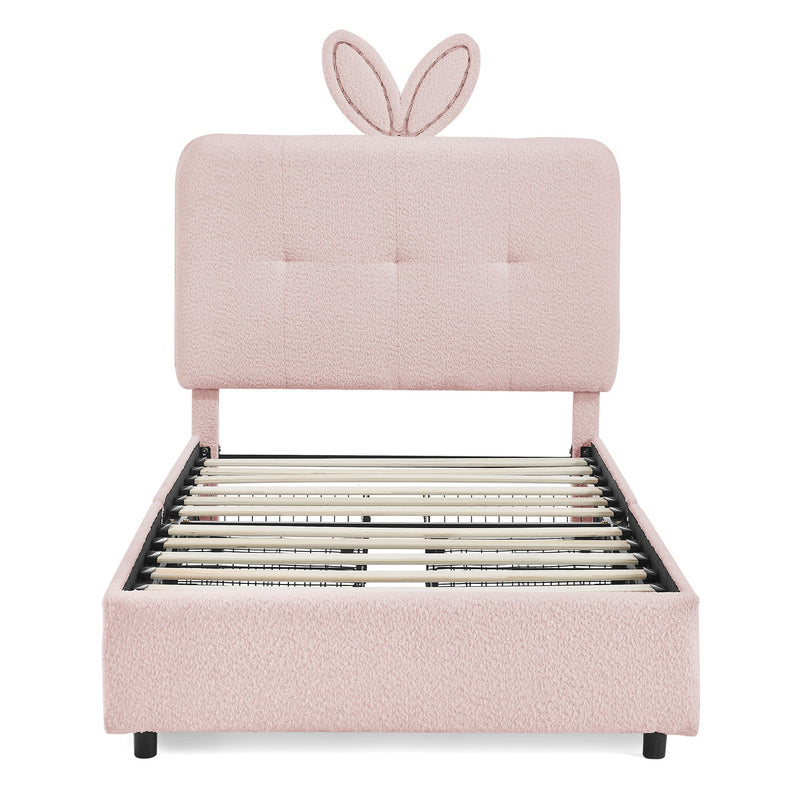 Upholstered Bed With Oversized Rabbit Ear Headboard, LED Lights & 4 Storage Drawers