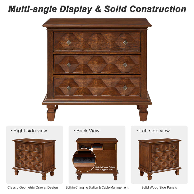 Nightstand With Charging Station, 3 Drawer Bedside Table - Walnut