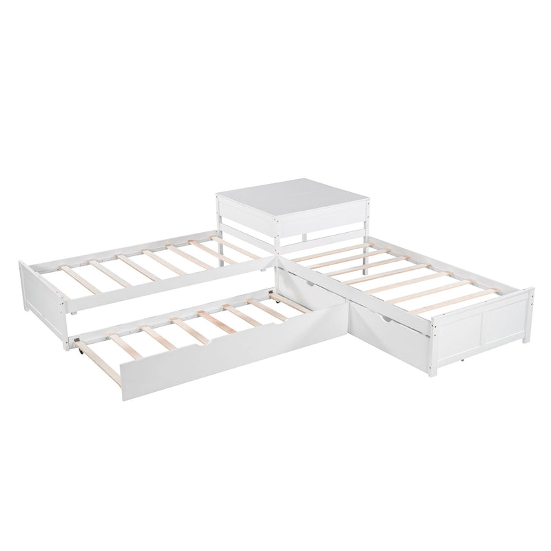 L Shaped Platform Bed With Trundle And Drawers Linked With Built In Desk