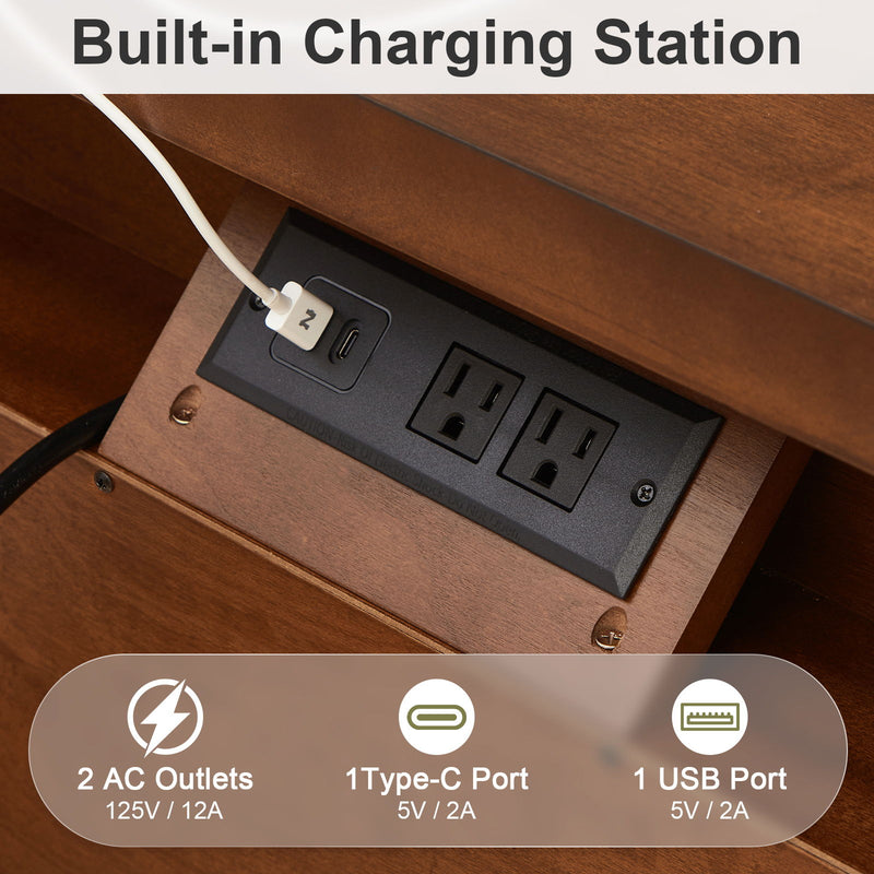 Nightstand With Charging Station, 3 Drawer Bedside Table - Walnut