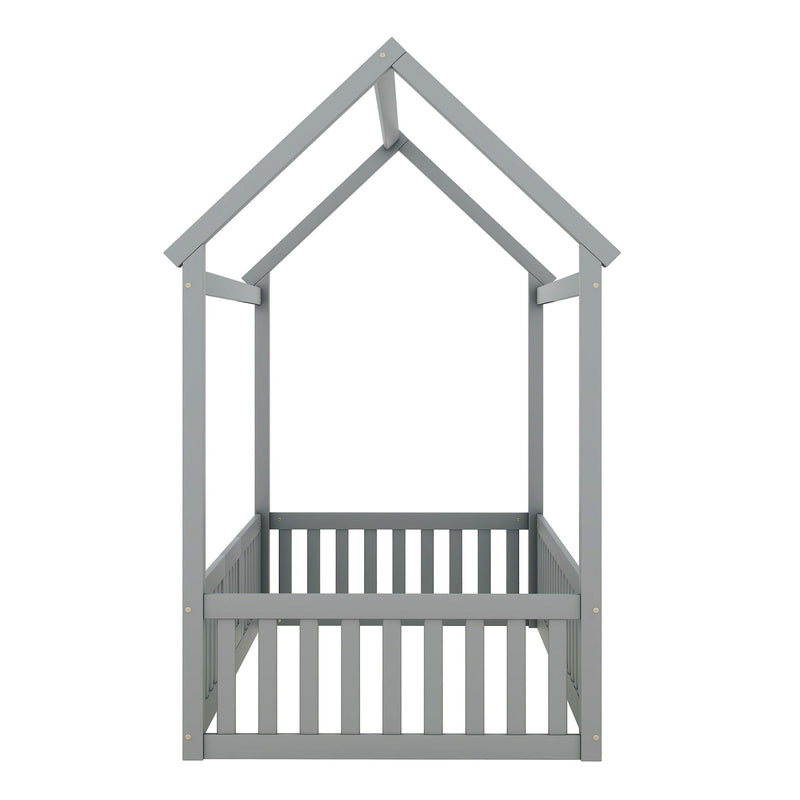 Wood House Bed With Fence And Door
