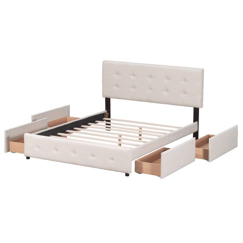 Queen Size Upholstered Platform Bed With Classic Headboard And 4 Drawers, No Box Spring Needed - Beige