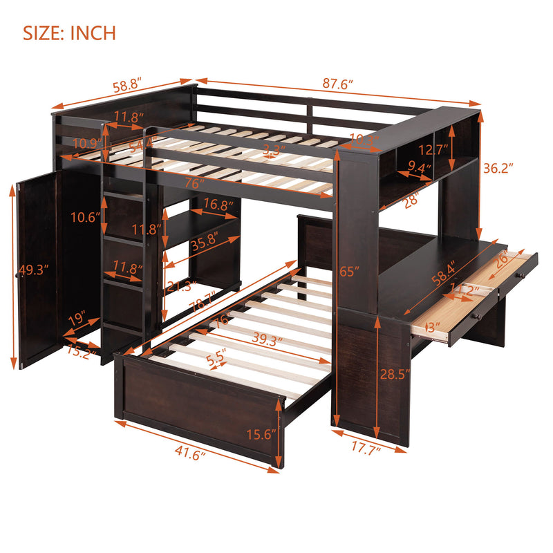 Loft Bed With A Twin Size Standalone Bed, Shelves, Desk, And Wardrobe