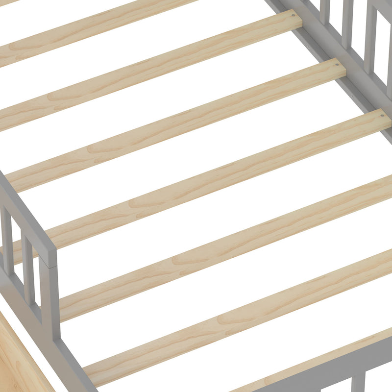 Bed With Headboard Storage Rack, 2 Under Bed Drawers, 3 Side Guardrails For Safety