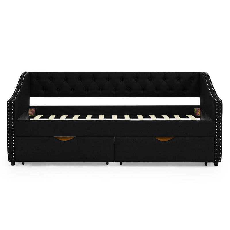 Upholstered Tufted Daybed With 2 Drawers, Waved Arms