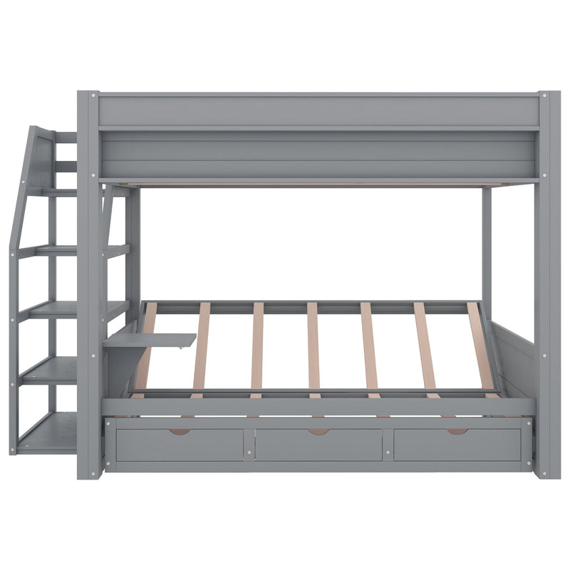 Wood Full Size Convertible Bunk Bed With Storage Staircase, Bedside Table, And 3 Drawers - Gray