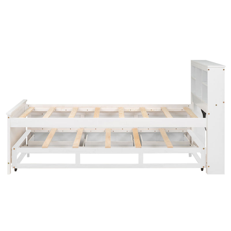 Platform Bed With Storage Headboard, USB, Trundle And 3 Drawers