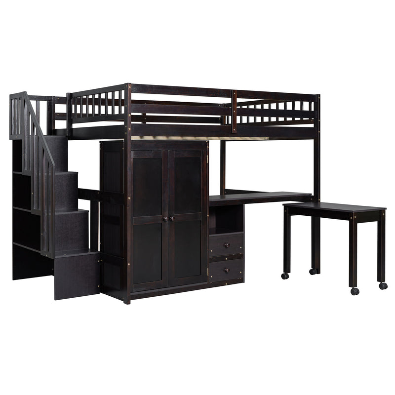 Full Size Loft Bed With Stairs, Bookshelf, Drawers, Desk & Wardrobe, Space Saving Multifunctional Furniture - Espresso
