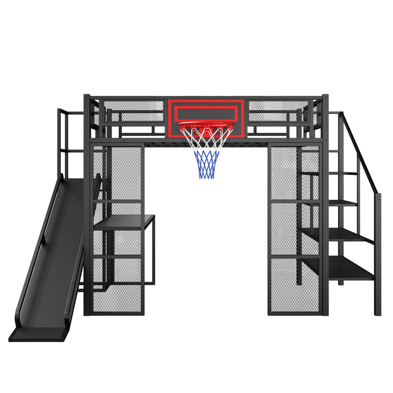 Loft Bed With Built In Desk, Open Wardrobe, Basketball Hoop, Slide And Staircase