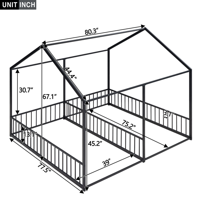 House Platform Beds, 2 Shared Beds, Metal Frame With Guardrails