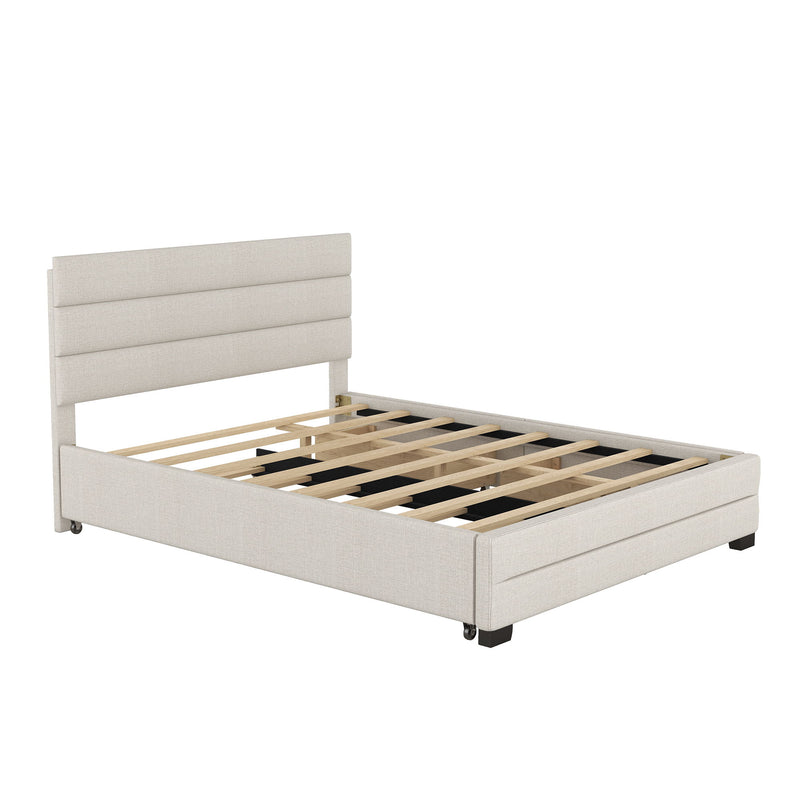 Queen Platform Bed With Twin Trundle And 2 Storage Drawers - Beige