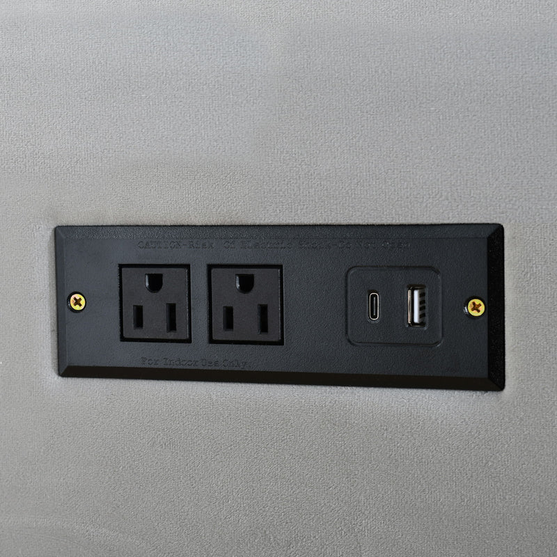 Upholstered Platform Bed, 2 Outlets And USB Charging Ports On Both Sides, 2 Bedside Pillows, Storage Shelves