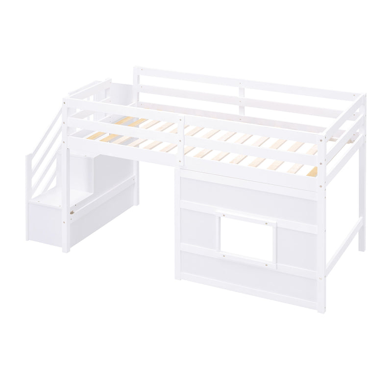 Loft Bed With Storage Staircase, Window & LED Light