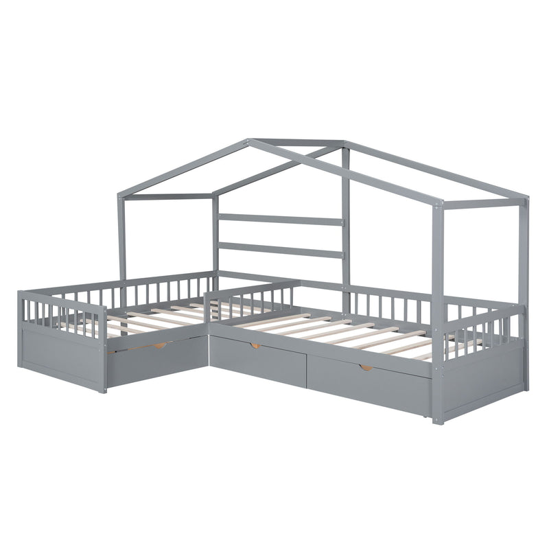 L Shape Platform Bed With 3 Storage Drawers