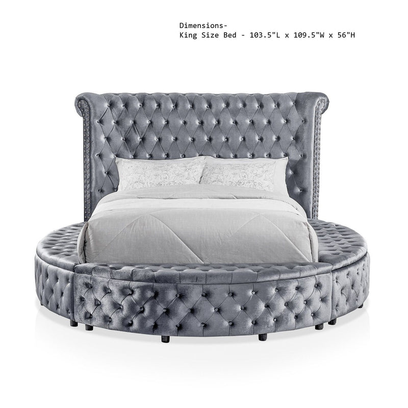 Glam Button Tufted Wingback Round Bed With Storage And USB Ports