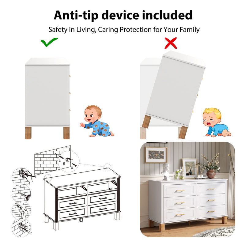 6 Drawer Double Dresser With Handles, Storage Cabinet - White