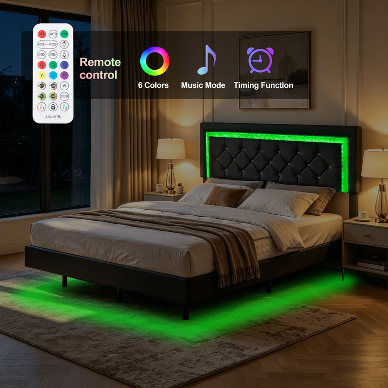 Platform Bed Frame With Adjustable Upholstered Headboard, RGB LED Lights, No Box Spring Needed