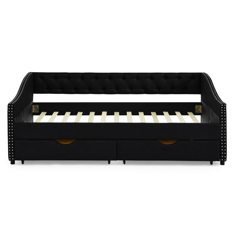 Upholstered Tufted Daybed With 2 Drawers, Waved Arms