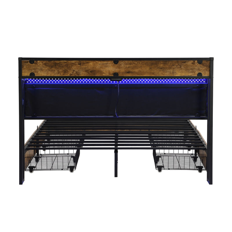 Contemporary Bed Frame With Storage Headboard, Charging Station, LED Lights