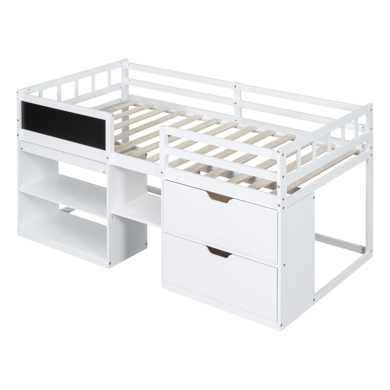 Low Loft Bed With Rolling Desk, Shelf And Drawers