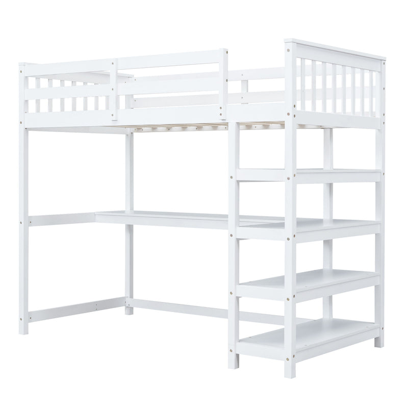 Loft Bed With Storage Shelves And Under Bed Desk